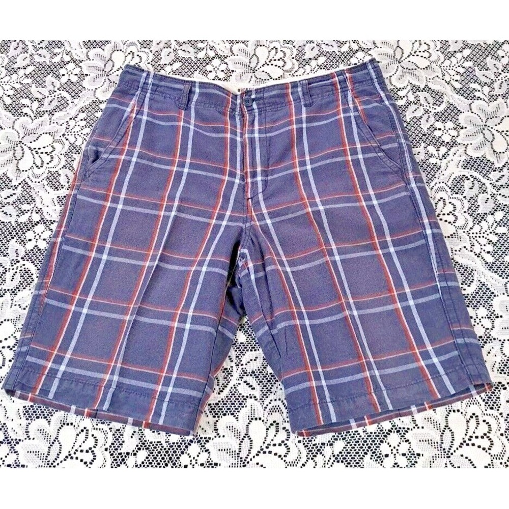 Old Navy Shorts Men's 34 Broken-in Blue Plaid Flat Front Bermuda Linen‎ Cotton